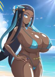  beach bikini black_hair blue_eyes creatures_(company) curvy game_freak hand_on_own_hip highres jewelry long_hair navel necklace nessa_(pokemon) nintendo pokemon pokemon_swsh s.forest swimsuit thick_thighs thighs  rating:Questionable score:23 user:GMSniper56