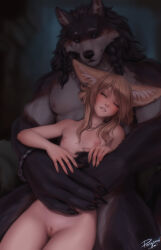 1boy 1girl animal_ears blonde_hair blurry blurry_background blush body_fur bracelet cleft_of_venus closed_eyes earrings einar_(personal_ami) flat_chest fox_ears furry furry_male furry_with_non-furry highres hug interspecies jewelry khiara_(personal_ami) long_hair necklace nipples nude original parted_lips personal_ami pussy sleeping uncensored werewolf rating:Explicit score:153 user:danbooru