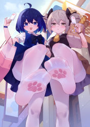  2girls :d ahoge bag benghuai_xueyuan black_bow black_vest blue_eyes blue_hair blue_skirt blue_vest blush bow bread bronya_zaychik brown_skirt chestnut_mouth commentary_request day drill_hair feet food foot_focus foreshortening from_below grey_hair hair_bow highres holding holding_food honkai_(series) honkai_impact_3rd looking_at_viewer multiple_girls necktie no_shoes open_mouth outdoors pantyhose parted_lips paw_print_soles popsicle seele_vollerei short_hair short_sleeves skirt smile soles standing standing_on_one_leg tsubasa_tsubasa twin_drills twitter_username vest white_legwear yellow_eyes yellow_neckwear  rating:Sensitive score:228 user:danbooru