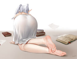 1girl absurdres artist_name ass back barefoot book commentary_request crossed_ankles dorsiflexion dress easonx elf facing_away feet foot_focus foreshortening frieren from_behind highres legs long_hair on_floor paper pointy_ears soles solo sousou_no_frieren strap_slip toe_scrunch toenails toes twintails variant_set white_dress white_hair 