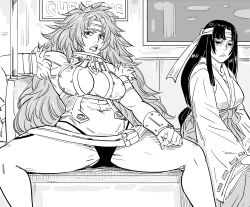  2girls :&lt; abs bb_(baalbuddy) big_hair breasts closed_mouth commentary english_commentary greyscale hakama hakama_skirt headband highres japanese_clothes large_breasts looking_at_viewer manspreading monochrome multiple_girls musha_miko_tomoe navel open_mouth panties pantyshot queen&#039;s_blade risty_(queen&#039;s_blade) sitting skirt spread_legs subway thighs tomoe_(queen&#039;s_blade) tomoe_(queen&#039;s_blade_unlimited) tomoe_(queen's_blade) underwear 