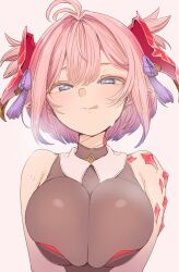  1girl :p blue_eyes blue_hair breasts bright_pupils chichiri_(granblue_fantasy) commentary_request draph granblue_fantasy horns huge_breasts kohaku_q long_hair looking_at_viewer multicolored_hair pink_background pink_hair red_horns short_hair simple_background solo tongue tongue_out two-tone_hair two_side_up upper_body white_pupils  rating:Sensitive score:11 user:danbooru