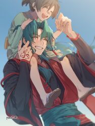  2boys :d black_hanfu blush carrying carrying_person child chinese_clothes closed_eyes command_spell fate/samurai_remnant fate_(series) green_hair hanfu highres long_hair long_sidelocks low-tied_sidelocks male_focus multiple_boys open_mouth pinus_00 ponytail red_hanfu shoulder_carry simple_background sitting_on_shoulder smile zheng_chenggong_(fate) 