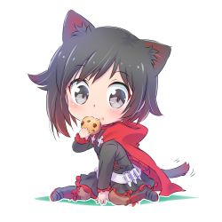 1girl absurdres animal_ears black_hair boots cat_ears cat_girl cat_tail chibi cloak cookie cross eating food gradient_hair grey_eyes highres iesupa looking_at_viewer multicolored_hair red_hair ruby_rose rwby rwby_chibi simple_background sitting skirt solo tail two-tone_hair white_background rating:Sensitive score:13 user:danbooru