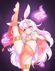  1girl akiyusa breasts commission dancer done_(donezumi) female_focus functionally_nude grin highres indie_virtual_youtuber leg_up loli long_hair looking_at_viewer navel nipples one_leg_raised rabbit_ears simple_background small_breasts smile solo tagme very_long_hair virtual_youtuber white_hair  rating:Explicit score:55 user:rarekappa