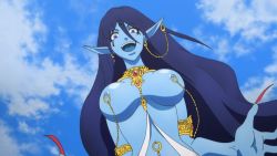  1girl blue_skin breasts cloud colored_skin large_breasts long_hair magi_the_labyrinth_of_magic nipple_piercing nipples paimon_(magi) piercing sky solo topless  rating:Questionable score:56 user:karist