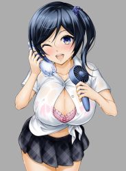  1girl black_hair blue_eyes blush bottle bra_visible_through_clothes bralines breasts cleavage collarbone cowboy_shot electric_fan grey_background large_breasts looking_at_viewer open_mouth original pleated_skirt see-through shirt short_hair side_ponytail skirt solo torigoe_takumi water_bottle wet wet_clothes wet_shirt 