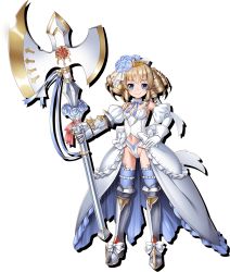  10s 1girl armor armored_boots axe battle_axe blonde_hair blue_eyes boots dress drill_hair flat_chest flower gauntlets greaves hand_on_own_hip pointy_ears queen&#039;s_blade queen&#039;s_blade_unlimited ribbon smile solo transparent_background warrior weapon wedding_dress white_dress ymir_(queen&#039;s_blade) ymir_(queen&#039;s_blade_unlimited)  rating:Questionable score:18 user:lightknightz