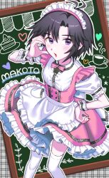 1girl alternate_costume antenna_hair apron black_hair blush bow bowtie breasts character_name commentary dirndl dress enmaided feet_out_of_frame frilled_apron frilled_dress frilled_hairband frilled_wrist_cuffs frills from_above german_clothes green_background hair_between_eyes hairband half-heart_hands hand_on_own_hip highres idolmaster idolmaster_(classic) idolmaster_million_live! idolmaster_million_live!_theater_days kikuchi_makoto looking_at_viewer looking_up maid maid_headdress open_mouth pink_bow pink_bowtie pink_dress pink_hairband plaid plaid_background pretty_waitress_(idolmaster) puffy_short_sleeves puffy_sleeves purple_eyes puruchamu romaji_text short_hair short_sleeves sign small_breasts solo standing thighhighs two-tone_dress waist_apron waitress white_apron white_background white_dress white_thighhighs wrist_cuffs