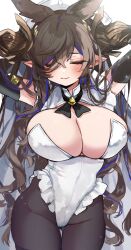  1girl adapted_costume animal_ears blush breasts brown_hair cleavage closed_eyes cowboy_shot detached_sleeves extra_ears frilled_leotard frills galleon_(granblue_fantasy) granblue_fantasy highres horns large_breasts leotard long_hair multicolored_hair osakana_(rrg0123) playboy_bunny pointy_ears smile solo streaked_hair very_long_hair 
