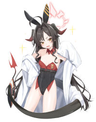  ahoge animal_ears black_horns black_tail blue_archive brown_eyes coat demon_horns demon_tail hair_intakes halo hattori_masaki highres horns kasumi_(blue_archive) lab_coat leotard playboy_bunny rabbit_ears red_halo red_shirt shirt sleeves_past_fingers sleeves_past_wrists tail white_coat 