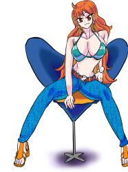  1girl absurdres bikini blue_pants blush breasts brown_eyes cleavage denim earrings feet_out_of_frame green_bikini highres jeans jewelry large_breasts lips long_hair looking_at_viewer nami_(one_piece) navel one_piece orange_hair pants print_bikini side-tie_bikini_bottom sitting sitting_on_person skindentation solo sorambk spaghetti_strap strap_gap swimsuit teeth thighhighs unaligned_breasts undersized_clothes weapon white_background 