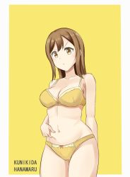  10s 1girl arm_behind_back belly_grab border bow bow_bra bow_panties bra breasts brown_eyes brown_hair character_name cleavage closed_mouth cowboy_shot crotch_seam derivative_work frown kunikida_hanamaru kuro_ikusanin long_hair looking_at_viewer love_live! love_live!_sunshine!! medium_breasts navel outside_border panties simple_background solo standing thighs underwear underwear_only v-shaped_eyebrows white_border yellow_background yellow_bra yellow_panties 