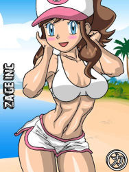 1girl artist_logo artist_name beach bikini blush creatures_(company) female_focus game_freak hat hilda_(pokemon) kageta lowres nintendo pokemon pokemon_bw sand swimsuit white_bikini