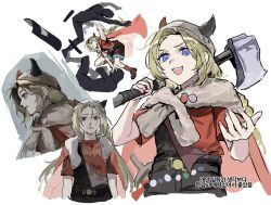  1girl 2others :d axe blonde_hair blood blood_on_clothes blue_eyes brown_shorts cape erick_(reverse:1999) fake_horns fighting full_body fur-trimmed_cape fur_trim gyeol_124 hands_up highres holding holding_axe horned_headwear horns korean_text long_hair looking_at_viewer multiple_others multiple_views nosebleed open_mouth over_shoulder overall_shorts overalls profile red_cape red_shirt reverse:1999 shirt short_sleeves shorts smile t-shirt translation_request upper_body weapon weapon_over_shoulder white_background 