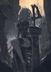 1girl a2_(nier:automata) absurdres android blue_eyes breasts expressionless hair_between_eyes highres long_hair looking_at_viewer medium_breasts nier:automata nier_(series) parted_lips planted planted_sword planted_weapon ruins shiej007 sitting solo sword weapon white_hair 
