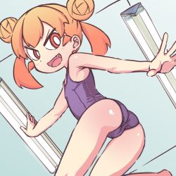  1girl ass bare_arms bare_shoulders blue_one-piece_swimsuit blush cameltoe cleft_of_venus cowboy_shot double_bun fang female_focus flat_chest from_above from_below hair_bun highres indoors looking_back one-piece_swimsuit open_mouth orange_eyes orange_hair orenji_(wholesomeorenji) shiny_skin solo swimsuit ueno-san_wa_bukiyou ueno_(ueno-san_wa_bukiyou) v-shaped_eyebrows  rating:Questionable score:92 user:Domestic_Importer