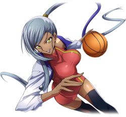  1girl arm_up artist_request asymmetrical_hair ball basketball basketball_(object) black_thighhighs breasts code_geass code_geass:_lost_stories cropped_legs dark-skinned_female dark_skin dress dutch_angle female_focus game_cg grey_hair grin hand_up happy high_ponytail highres holding holding_ball jacket large_breasts lipstick long_hair long_sleeves makeup non-web_source official_art open_clothes open_jacket playing_sports purple_lips red_dress running shiny_skin short_dress simple_background sleeveless sleeveless_dress smile solo sweat teeth thighhighs thighs transparent_background very_long_hair villetta_nu white_jacket yellow_eyes zettai_ryouiki 