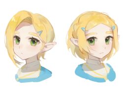  1girl blonde_hair blue_shirt braid commentary crown_braid green_eyes hair_ornament hairclip highres looking_at_viewer multiple_views nintendo official_alternate_hairstyle parted_lips pointy_ears princess_zelda prototype_design shirt sidelocks simple_background the_legend_of_zelda upper_body white_background yumiyumo3o 
