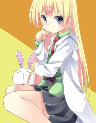  1girl black_skirt blonde_hair blue_eyes closed_mouth coat collared_shirt eyes_visible_through_hair frown green_shirt hand_up highres hime_mia lab_coat long_hair long_sleeves mesousa miniskirt necktie open_clothes open_coat orange_background pani_poni_dash! pleated_skirt rabbit rebecca_miyamoto red_necktie shirt skirt solo split_mouth straight_hair two-tone_background very_long_hair white_coat white_rabbit_(animal) yellow_background 