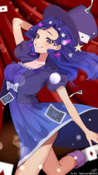  1girl ace_(playing_card) ace_of_spades bow breasts card collarbone commission cropped_jacket dress dress_bow grey_eyes hair_ornament hat heart heart_hair_ornament highres jacket k_(art71) long_hair open_clothes open_jacket original playing_card purple_dress purple_hair purple_hat purple_jacket red_curtains skeb_commission smile solo spade_(shape) star_(symbol) star_hair_ornament thank_you top_hat twitter_username white_bow 