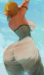 1girl araneesama armlet arms_up ass back bare_shoulders blonde_hair blue_sky breasts dress earrings facing_away from_behind highres huge_ass jewelry large_breasts nintendo pointy_ears princess_zelda short_hair sideboob sky solo the_legend_of_zelda the_legend_of_zelda:_tears_of_the_kingdom thighs white_dress rating:Questionable score:157 user:danbooru