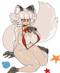  1girl :o animal_ear_fluff animal_ears bare_shoulders beach beige_bow bell bikini bikini_tan blunt_bangs bow bow_bikini breasts cat_ears cat_girl cat_tail catmaid_(dizzyspells) collar colored_skin dizzyspells fingernails fluffy furry furry_female hand_on_breast hand_on_own_chest highres huge_breasts large_breasts light_blush looking_at_viewer looking_up navel one-piece_swimsuit open_mouth orange_eyes original red_bikini red_collar red_one-piece_swimsuit seashell sharp_fingernails shell short_hair sitting slit_pupils starfish swimsuit swimsuit_tan tail tan tanline wariza white_hair white_skin 