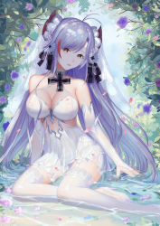  absurdres adapted_costume ahoge arm_support azur_lane bare_shoulders breasts bridal_veil brown_eyes choker cleavage dress flower hair_flower hair_ornament hair_ribbon head_tilt highres large_breasts lips lipstick long_hair looking_at_viewer makeup panties pantyshot petals pink_lips prinz_eugen_(azur_lane) prinz_eugen_(symphonic_fate)_(azur_lane) ribbon rinmmo see-through shallow_water sitting sleeveless sleeveless_dress solo submerged thighhighs thighs tree underwear veil very_long_hair water wedding_dress wet wet_clothes white_thighhighs  rating:Explicit score:13 user:dark_tx
