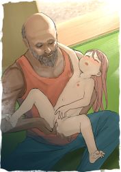  1boy 1girl absurdres age_difference bald beard blush closed_eyes clothed_male_nude_female dark-skinned_male dark_skin facial_hair fingering flat_chest highres koinokamisamada loli long_hair nipples nude old old_man open_mouth original pink_hair pussy pussy_juice size_difference spread_legs  rating:Explicit score:299 user:Dweenie