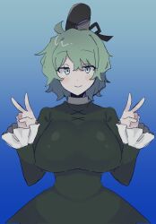  1girl black_hat blue_background breasts closed_mouth cross-laced_clothes double_v dress gradient_background green_dress green_eyes green_hair hat highres large_breasts long_sleeves ornbd short_hair smile soga_no_tojiko solo tate_eboshi touhou v 