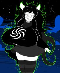  1girl animal_ears black_hair breasts dog_ears glasses glowing homestuck huge_breasts jade_harley long_hair ms_paint_adventures reiduran skirt striped_clothes striped_thighhighs thick_thighs thighhighs thighs  rating:Questionable score:16 user:RussianRetard1488