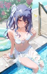  1girl absurdres bikini blue_hair blush bow breasts cleavage collar cross frilled_bikini frills hair_bow hair_ornament hairclip highres indie_virtual_youtuber lifebuoy long_hair medium_breasts navel omelet_tomato outdoors pool red_eyes sarong second-party_source seijo_namuu smile solo swim_ring swimsuit two_side_up virtual_youtuber water wet white_bikini white_bow white_collar 