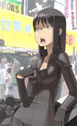  1girl adjusting_clothes arm_support biker_clothes bikesuit black_gloves black_hair bodysuit breasts brown_eyes dennou_coil glasses gloves go_robots harakawa_tamako long_hair medium_breasts motor_vehicle motorcycle open_mouth rimless_eyewear skin_tight solo standing teeth unzipped 