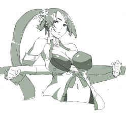  1girl arc_system_works blazblue blazblue:_calamity_trigger bra breasts china_dress chinese_clothes cleavage dress female_focus lao_jiu large_breasts litchi_faye_ling long_hair midriff monochrome panda polearm ponytail rend_(pixiv108821) simple_background sketch solo staff sweatdrop underwear weapon 