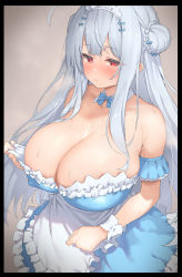  1girl apron azur_lane bare_shoulders black_border blue_bow blue_dress blunt_bangs blush border bow braid breasts cleavage closed_eyes closed_mouth clothes_pull covered_erect_nipples cygnet_(an_offer_to_be_maid)_(azur_lane) cygnet_(azur_lane) cygnet_(an_offer_to_be_maid)_(azur_lane) detached_collar dress dress_pull frilled_skirt frills hair_bun highres huge_breasts long_hair looking_at_viewer maid maid_apron maid_headdress mdoctkscb red_eyes sidelocks silver_hair single_hair_bun skirt solo sweat waist_apron wrist_cuffs  rating:Sensitive score:113 user:danbooru