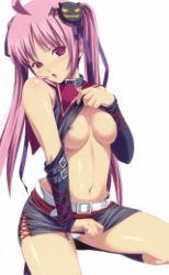  breasts hair_ornament hairclip long_hair lowres nipples open_mouth panties pink_hair purple_eyes underwear white_panties  rating:Questionable score:4 user:MW2