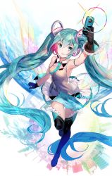  1girl 39 absurdly_long_hair aqua_eyes aqua_hair black_gloves black_thighhighs blue_skirt blush boots from_above full_body fuzichoco gloves hair_ornament hatsune_miku headset highres holding holding_phone long_hair looking_at_viewer mikupa miniskirt multicolored_hair necktie open_mouth phone rainbow_background red_hair skirt sleeveless smile solo streaked_hair thigh_boots thighhighs twintails very_long_hair vocaloid 