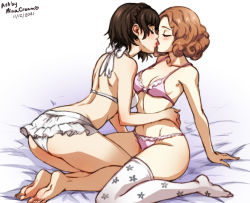  2girls ass bare_back bare_shoulders blush bow bra breasts closed_eyes eyelashes french_kiss kiss lingerie mina_cream multiple_girls navel niijima_makoto no_shoes okumura_haru on_bed panties patterned_legwear persona persona_5 pink_bra pink_panties ribbon skirt swimsuit thighhighs thighs tight_clothes tongue tongue_out underwear waist_grab white_bra white_legwear white_panties yuri  rating:Questionable score:157 user:whoreseti