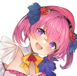 1girl :d ahoge beret blush breasts cleavage close-up commentary_request dreamlight2000 flower flower_knight_girl hair_flower hair_ornament hat head_tilt heuchera_(flower_knight_girl) looking_at_viewer medium_breasts open_mouth pink_hair purple_eyes simple_background smile solo upper_body white_background