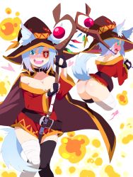  1girl absurdres aetherion animal_ears ass belt black_gloves blue_eyes blush breasts buckle cape choker cleavage cosplay dress embarrassed eyepatch fingerless_gloves from_behind gloves hat hat_with_ears highres holding holding_staff kono_subarashii_sekai_ni_shukufuku_wo! megumin_(cosplay) no_panties open_mouth short_dress smile snow_sos solo staff tail thighhighs white_hair witch_hat  rating:Questionable score:46 user:dionysos