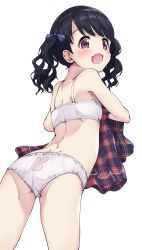  1girl absurdres animal_print ass bare_arms bare_legs bare_shoulders black_bow blush bow bra dress embarrassed female_focus flat_chest from_behind fukumaru_koito hair_bow highres idolmaster idolmaster_shiny_colors kuroba_aki loli looking_back open_mouth panties print_panties rabbit_panties rabbit_print simple_background solo twintails underwear underwear_only unworn_dress white_background white_bra white_panties  rating:Questionable score:117 user:Domestic_Importer