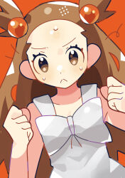 1girl :&lt; anidler91 brown_eyes brown_hair clenched_hands closed_mouth creatures_(company) dress game_freak hair_bobbles hair_ornament highres jasmine_(pokemon) looking_at_viewer nintendo orange_background pokemon pokemon_gsc sleeveless sleeveless_dress solo sundress sweat upper_body white_dress 