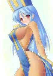  1girl blue_hair blush breasts chunsoft dragon_quest dragon_quest_iii enix covered_erect_nipples gloves hat kourourin large_breasts latex latex_gloves long_hair mitre priest_(dq3) purple_eyes skin_tight solo spandex tabard  rating:Questionable score:23 user:danbooru