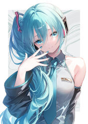  1girl alternate_hairstyle bare_shoulders black_headphones black_sleeves blue_eyes blue_hair blue_nails blue_necktie collared_shirt commentary copyright_name derivative_work detached_sleeves grey_shirt hair_between_eyes hair_intakes hair_ornament hand_up hatsune_miku hatsune_miku_(noodle_stopper) head_tilt highres long_hair looking_at_viewer meme nail_polish necktie photo-referenced shirt side_ponytail sidelocks sidetail_miku_noodle_stopper_(meme) sleeveless sleeveless_shirt smile solo symbol-only_commentary toosaka_asagi twitter_username upper_body very_long_hair vocaloid white_background wide_sleeves 