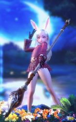  3d animated animated_gif elin flat_chest flower hip_focus legs no_pants purple_eyes silver_hair staff tera_online thick_thighs thighs  rating:Questionable score:171 user:Youtakethewheel