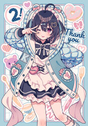  ! 1girl :p absurdres amagi_hana apron bare_legs bear_hair_ornament black_dress blue_jacket blue_ribbon bonnet border brown_hair chocolate commentary_request cup doughnut dress feet_out_of_frame food fork hair_ornament hair_ribbon highres jacket knife letterman_jacket looking_at_viewer maid_headdress one_eye_closed original red_eyes ribbon saucer solo speech_bubble teacup thank_you tongue tongue_out two_side_up v_over_eye white_apron x_hair_ornament 