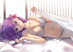 1girl backlighting bare_shoulders blanket blush bra breasts cleavage closed_mouth collarbone fate/stay_night fate_(series) hair_ribbon ice_(ice_aptx) indoors large_breasts long_hair looking_at_viewer lying matou_sakura navel on_bed on_side panties pink_ribbon pov_across_bed purple_eyes purple_hair ribbon smile solo stomach sunlight under_covers underwear white_bra white_panties rating:Sensitive score:42 user:danbooru