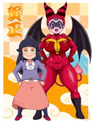 2girls breasts cameltoe covered_erect_nipples height_difference ikayama_gesokichi large_breasts loli long_skirt mozu_masako multiple_girls purple_hair sakichan shiny_clothes skin_tight skirt small_breasts tail wings youkai_watch 