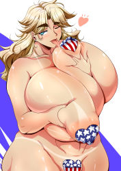 1girl absurdres american_flag blonde_hair blue_eyes blush breast_hold breast_lift breasts collarbone covered_erect_nipples deep_skin eyebrows female_focus gigantic_breasts green_eyes groin hanging_breasts heart highres hip_focus jessie_(matsumoto_katsuya) matsumoto_katsuya midriff navel one_eye_closed original pasties saliva shiny_skin solo tan tanline thick_eyebrows tongue tongue_out united_states wide_hips wink rating:Questionable score:87 user:Marcerner