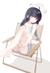 1girl absurdres ahoge barefoot bikini black_hair blue_archive blush braid commentary halo highres knees_up leaf leaf_on_head long_hair looking_at_viewer miyu_(blue_archive) miyu_(swimsuit)_(blue_archive) nujii official_alternate_costume on_chair open_mouth print_bikini red_eyes simple_background sitting solo swimsuit twin_braids white_background white_bikini rating:Sensitive score:17 user:danbooru